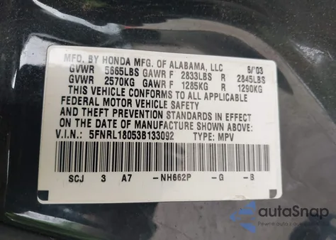 2003 Honda Odyssey Ex-L из США, поврежденный, VIN 5FNRL18053B133092